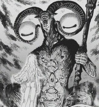 2boys androgynous balance_scale berserk body_piercings crossover disembodied_eye elden_ring elden_ring_nightreign extra_eyes facing_viewer from_behind goat_horns goat_legs griffith_(berserk) highres horns libra_(elden_ring) long_hair mage_staff multiple_boys nude staff very_big_eyes weighing_scale yitansan