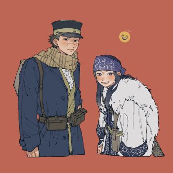 Rule 34 | 1boy, 1girl, absurdres, asirpa, black coat, black hair, cape, closed mouth, coat, commentary request, cropped torso, earrings, fur cape, golden kamuy, hat, headband, highres, hoop earrings, jewelry, kome uo, long hair, military hat, military uniform, parted lips, print scarf, purple headband, red background, scar, scar on face, scar on nose, scarf, shirt, short hair, smile, sugimoto saichi, upper body, white cape, white shirt