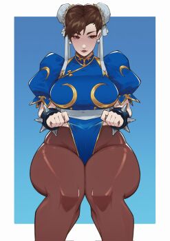 Rule 34 | 1girl, aneurysm ax, blue background, blue dress, border, bracelet, breasts, brown eyes, brown hair, brown pantyhose, bun cover, capcom, china dress, chinese clothes, chun-li, closed mouth, clothes lift, commentary, cropped legs, double bun, dress, earrings, gold trim, hair bun, highleg, highleg leotard, highres, jewelry, large breasts, leotard, lifting own clothes, lips, looking to the side, makeup, pantyhose, pelvic curtain, puffy short sleeves, puffy sleeves, sash, short hair, short sleeves, simple background, sitting, solo, spiked bracelet, spikes, street fighter, thick thighs, thighs, untranslatable commentary, white border