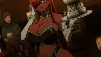 1girl animated animated_gif anime_screenshot beer_mug bouncing_breasts bow bowtie breast_expansion breasts breasts_out cup detached_collar elbow_gloves erza_scarlet erza_scarlet_(bar_altair_waitress)_(fairy_tail) fairy_tail fairy_tail:_dragon_cry furry furry_female gloves hair_over_one_eye holding holding_tray huge_breasts leotard long_hair looking_at_viewer mainkore mug multiple_boys nipples red_fur red_hair smile third-party_edit tray wardrobe_malfunction