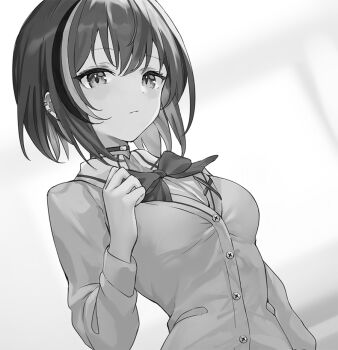1girl breasts cardigan choker commentary_request danshi_kinsei_game_sekai_de_ore_ga_yarubeki_yuiitsu_no_koto_yuri_no_ma_ni_hasamaru_otoko_to_shite_tensei_shite_shimaimashita earrings greyscale haishiki jewelry medium_breasts medium_hair monochrome multicolored_hair multiple_piercings novel_illustration official_art ribbon school_uniform solo streaked_hair tsukiori_sakura