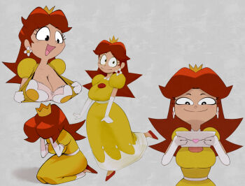 1girl 2026 alternate_breast_size_(larger) bra breasts brown_hair cleavage crown cutegraphite dress earrings elbow_gloves female_focus flower flower_earrings gloves grey_background hands_on_own_face highres jewelry large_breasts letter long_hair looking_at_viewer mario_(series) multiple_expressions multiple_views nintendo open_mouth parted_bangs princess_daisy red_shoes shadow shoes smile underwear white_bra yellow_dress