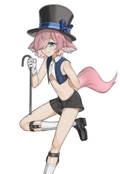 1boy animal_ears arm_behind_back black_hat black_shoes black_shorts blue_bow blue_eyes blue_ribbon bow brown_hair cane cropped_vest foot_out_of_frame fox_boy fox_ears gloves hair_over_one_eye hat hat_bow hat_ribbon highres holding holding_cane indie_virtual_youtuber kitsen_(vtuber) midriff naomifiction navel ribbon shoes short_hair shorts simple_background sleeveless smile socks solo top_hat trap vest virtual_youtuber white_background white_gloves white_socks