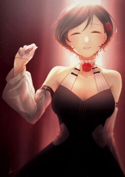 Rule 34 | 1girl, absurdres, after0217, bare shoulders, breasts, brown hair, cleavage, closed eyes, closed mouth, collarbone, commentary request, detached sleeves, dress, facing viewer, flower, gloves, half gloves, high collar, highres, jewelry, large breasts, long sleeves, looking at viewer, meiko (vocaloid), miku symphony (vocaloid), official alternate costume, parted lips, pink nails, red flower, red rose, rose, short hair, sleeveless, sleeveless dress, smile, solo, upper body, vocaloid, white gloves, white sleeves