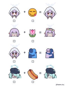 >_< 2girls :d :q atsuko's_grin_(meme) atsuko_(blue_archive) blue_archive blue_eyes blue_hair blue_halo blue_hat blush bow newsboy_cap closed_mouth commentary cropped_head crying dice eating emoji emoji_kitchen_(meme) english_commentary flower flower_symbol flower_wreath food food_on_face grin hair_bow hair_ornament hair_over_one_eye hairclip halo hat head_wreath highres hiyori_(blue_archive) hood hood_up hot_dog hug long_hair meme multiple_girls multiple_views open_mouth pink_flower purple_hair red_eyes sanmon_illus side_ponytail simple_background smile tongue tongue_out tulip twintails twitter_username white_background white_hood