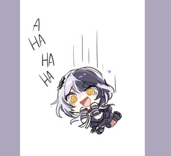 1girl @_@ black_dress black_hair black_shoes blush_stickers chibi dress falling grey_hair hair_ornament hashtag-only_commentary hololive hololive_english kandzue_pengin long_hair looking_down motion_lines multicolored_hair open_mouth pillarboxed shiori_novella shiori_novella_(1st_costume) shoes solo split-color_hair striped_arm_warmers tears two-tone_hair virtual_youtuber yellow_eyes