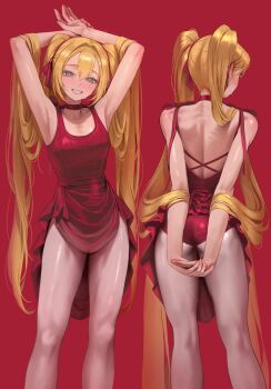 1girl absurdres asha_(bangsom) ass ballerina bangsom blonde_hair blue_eyes blush breasts choker collarbone grin hair_between_eyes highres leotard long_hair looking_at_viewer mole mole_under_eye open_mouth original pantyhose red_background red_choker red_leotard small_breasts smile sweat teeth twintails very_long_hair