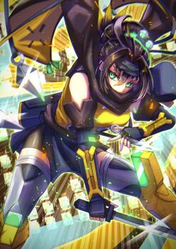 Rule 34 | 1girl, ahoge, black hair, black shorts, blush, breasts, commentary request, duel monster, forehead protector, green eyes, hair between eyes, hair ornament, highres, holding, holding kunai, holding sword, holding weapon, kunai, large breasts, long hair, looking at viewer, ninja, ponytail, s-force rappa chiyomaru, s:p little knight, shiina aono, shirt, short shorts, shorts, sleeveless, sleeveless shirt, solo, sword, thighhighs, weapon, yellow shirt, yu-gi-oh!