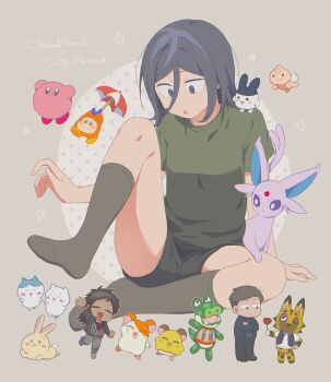 1boy 1girl 1other :3 :o adriana_ortega angel_martinez arm_support black_hair blue_hair brown_hair character_request chibi clinical_trial_(game) closed_eyes copyright_request crossed_arms crossover full_body hair_between_eyes hamtaro hamtaro_(series) highres hood hoodie jacket kirby kirby_(series) lee_smith leg_up medium_hair multicolored_hair nintendo one_eye_closed open_clothes open_jacket pminthama shirt shorts sitting smile socks standing standing_on_one_leg t-shirt waving