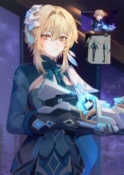 1girl absurdres avesaoi black_gloves blonde_hair blue_dress closed_mouth commentary commentary_request cowboy_shot dress english_commentary expressionless feather_hair_ornament feathers flower fur-trimmed_gloves fur_trim genshin_impact gloves gun hair_between_eyes hair_flower hair_intakes hair_ornament highres holding holding_gun holding_weapon indoors long_sleeves looking_at_viewer lumine_(genshin_impact) lumine_(snezhnaya)_(genshin_impact) mixed-language_commentary night official_alternate_costume partial_commentary reference_inset screenshot_inset short_hair_with_long_locks snowing solo twitter_username weapon window yellow_eyes
