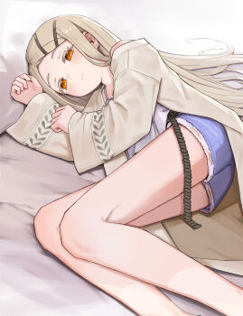 Rule 34 | 1girl, aori (binnoaori), bare legs, bed sheet, belt, black belt, blonde hair, blush, camisole, closed mouth, colored eyelashes, commentary request, denim, denim shorts, earrings, feet out of frame, gakuen idolmaster, hair ornament, hair spread out, hairclip, highres, idolmaster, jewelry, long hair, long sleeves, looking at viewer, lying, on side, open clothes, open robe, orange eyes, parallel hairclips, parted bangs, pillow, robe, rope belt, shinosawa hiro, short shorts, shorts, smile, solo, stud earrings, white camisole, white robe, wide sleeves