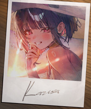 1girl alternate_costume animal_ears bare_shoulders betabeet black_hair blue_archive blush cat_ears cat_girl character_name commentary extra_ears hat highres kazusa_(blue_archive) looking_at_viewer photo_(object) pink_eyes pink_hair polaroid_photo short_hair smile solo sun_hat sunlight sunset white_hat