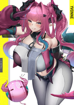 1girl absurdres arknights arknights:_endfield arm_up bare_shoulders black_gloves black_horns blue_eyes blue_hair breasts commentary cowboy_shot detached_sleeves english_commentary gloves hair_ornament hairclip highres horns irkawaza large_breasts licking_lips long_hair long_sleeves looking_at_viewer multicolored_gloves multicolored_hair navel pants pink_gloves pink_hair pointy_ears ponytail solo streaked_hair three-toned_background tongue tongue_out two-tone_gloves white_background white_pants yellow_background yvonne_(arknights)