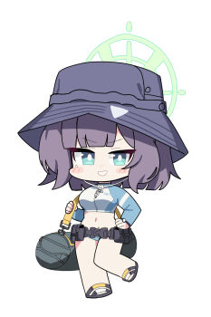 Rule 34 | 1girl, blue archive, breasts, chibi, chibi only, commentary request, dress, green eyes, green halo, halo, hideinroom, highres, korean commentary, large breasts, medium hair, navel, official alternate costume, purple dress, rash guard, saki (blue archive), saki (swimsuit) (blue archive), simple background, solo, thighs, white background