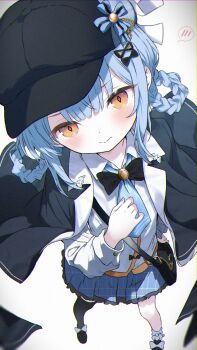 1girl amiamzk827 asymmetrical_legwear black_bag black_capelet black_hat black_shoes blue_hair blue_skirt braid braided_hair_rings capelet closed_mouth collared_shirt commentary_request deerstalker from_above full_body hair_rings hat highres long_sleeves looking_at_viewer mahou_shoujo_no_majo_saiban miniskirt pleated_skirt shirt shoes short_hair simple_background single_leg_pantyhose skirt solo standing tachibana_sherry vest yellow_eyes