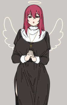 Rule 34 | 1girl, :o, cross, grey background, halo, highres, houtengeki, jewelry, long hair, looking at viewer, nun, open mouth, original, own hands clasped, own hands together, pendant, red eyes, red hair, simple background, solo, turtleneck, wings