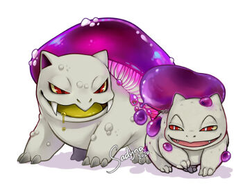 alternate_element animal_focus bulbasaur claws commentary drooling english_commentary fangs full_body gen_1_pokemon ivysaur nintendo no_humans open_mouth poison pokemon pokemon_(creature) red_eyes sadynax signature simple_background v-shaped_eyes white_background