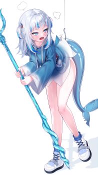 1girl absurdres animal_costume blue_eyes blue_hair blue_hoodie blue_nails blue_socks blush breasts fangs fins fish_hook fish_tail fishing_line gawr_gura gawr_gura_(1st_costume) hair_ornament highres holding holding_polearm holding_weapon hololive hololive_english hood hoodie hyeonin_gentora looking_at_viewer medium_hair multicolored_hair nail_polish open_mouth polearm shark_costume shark_girl shark_hair_ornament shark_tail shoes small_breasts sneakers socks solo streaked_hair tail trident two_side_up virtual_youtuber weapon white_hair white_shoes