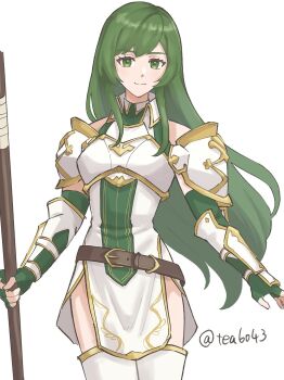1girl armor breastplate elbow_gloves erinys_(fire_emblem) fingerless_gloves fire_emblem fire_emblem:_genealogy_of_the_holy_war floating_hair gloves green_eyes green_gloves green_hair highres holding long_hair looking_at_viewer nintendo parted_bangs pauldrons shoulder_armor simple_background smile solo tea6043 twitter_username two_side_up upper_body very_long_hair white_background