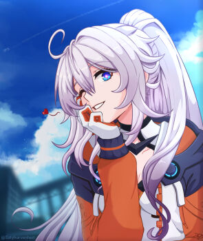 Rule 34 | 1girl, ;o, ahoge, blue eyes, blue sky, bodysuit, breasts, cleavage, commentary, diamond-shaped pupils, diamond (shape), english commentary, gloves, high ponytail, highres, honkai (series), honkai impact 3rd, jacket, kiana kaslana, kiana kaslana (herrscher of finality), kiana kaslana (white comet), long hair, medium breasts, one eye closed, orange jacket, ponytail, satyharvenheit, self cosplay, sky, solo, symbol-shaped pupils, twitter username, very long hair, white bodysuit, white gloves