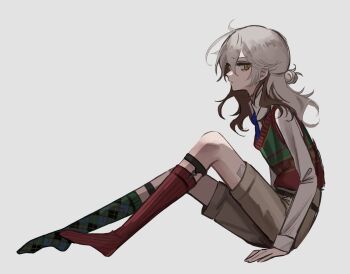 Rule 34 | 1other, asymmetrical legwear, blue necktie, brown hair, brown shorts, from side, full body, green socks, green vest, grey background, highres, legwear garter, long sleeves, looking at viewer, medicine pocket, medicine pocket (the cosmos photographer), medium hair, mismatched legwear, multicolored hair, necktie, no shoes, official alternate costume, on ground, profile, red socks, red vest, reverse:1999, shirt, shorts, sitting, socks, solo, sweater vest, towano (0qjftwn), two-tone hair, two-tone vest, vest, white hair, white shirt, yellow eyes