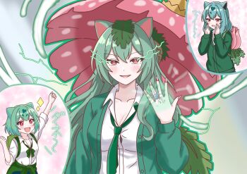 animal_ears backpack bag blush breasts bud cleavage collared_shirt commentary_request gen_1_pokemon green_hair green_necktie green_skirt gyaru_bulbasaur gyaru_bulbasaur_(shin_no_tenpii) hair_between_eyes highres ivysaur jewelry leaf long_sleeves looking_at_viewer nail_polish necktie nintendo open_mouth personification petals pokemon red_eyes ring shirt skirt sweater venusaur white_shirt yomotukaduki