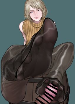 1girl ashley_graham bar_censor barrel blonde_hair blue_eyes censored feet footjob highres koukou_panchi looking_at_viewer medium_hair pantyhose parted_lips pov resident_evil resident_evil_4 resident_evil_4_(remake) sitting sleeveless sleeveless_sweater smile soles sweater toes