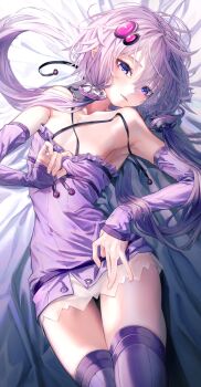 1girl absurdres commentary_request detached_sleeves dress flat_chest hair_ornament highres looking_at_viewer lying on_back purple_dress purple_eyes purple_hair purple_thighhighs safutsuguon solo thighhighs voiceroid yuzuki_yukari