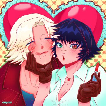 1boy 1girl artist_name beard_stubble blush brown_gloves closed_eyes corrupted_twitter_file dante_(devil_may_cry) devil_may_cry_(series) facial_hair feme1312 gloves green_eyes heart heterochromia highres lady_(devil_may_cry) lipstick lipstick_mark looking_at_viewer makeup red_eyes scar scar_on_face scar_on_nose shirt stubble white_shirt