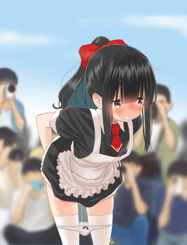 Rule 34 | 1girl, 6+boys, apron, arms behind back, bad id, bad twitter id, black dress, black eyes, black hair, blue shirt, blunt bangs, blurry, blush, bow, bow panties, camera, campsansr, clothes lift, collared dress, day, depth of field, dress, exhibitionism, feet out of frame, female pervert, frilled dress, frills, green shirt, hair ribbon, leaning forward, looking to the side, maid apron, multiple boys, neckerchief, nose blush, original, outdoors, panties, panty pull, pervert, ponytail, public indecency, pussy juice, pussy juice trail, red neckerchief, red ribbon, ribbon, shirt, short sleeves, sidelocks, skirt, skirt lift, squatting, standing, sweat, teeth, thighhighs, underwear, viewfinder, white panties, white shirt, white thighhighs