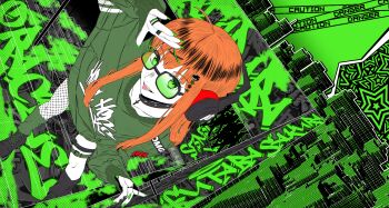 1girl absurdres ahoge alternate_eye_color arm_up asymmetrical_legwear behind-the-head_headphones black_collar black_shoes brown_hair caution_tape character_name collar cross_pendant fishnet_pantyhose fishnets glasses green-tinted_eyewear green_background green_eyes green_nails green_sweater hair_ornament headphones highres jewelry leaning_forward long_hair looking_at_viewer may_(may_lee8) mismatched_legwear orange_hair pantyhose parted_lips persona persona_5 ring sakura_futaba shoes single_leg_pantyhose solo sweater thigh_strap tinted_eyewear tongue tongue_out x_hair_ornament