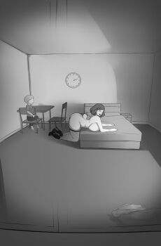 1boy 1girl age_difference animal_ears ass bed bedroom blush breast_press breasts fake_animal_ears fishnet_thighhighs fishnets hannyasan huge_ass huge_breasts imminent_penetration medium_hair monochrome on_bed open_mouth original shota sitting size_difference smile thighhighs