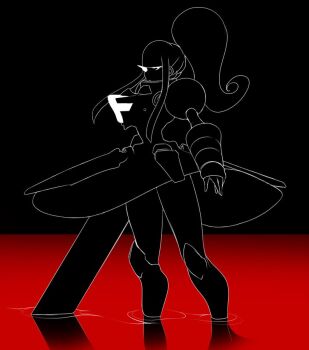 1boy armor armored_dress asymmetrical_eyes boots clothes_lift curvy demi_(dizzyspells) dizzyspells dress dress_lift feminine holding holding_sword holding_weapon liquid long_hair male_focus original ponytail red_water shoulder_armor sidelocks solo sword trap water weapon white_background