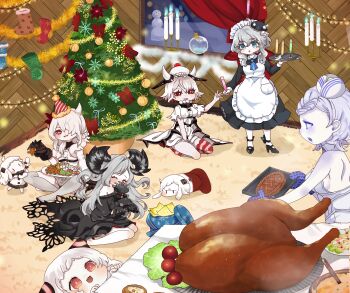 6+girls absurdres abyssal_pacific_princess abyssal_ship airfield_princess apron aqua_eyes beret black_dress black_phillip_(the_vvitch) candle christmas christmas_stocking christmas_tree commission cookie demon_horns dress food french_light_cruiser_princess gingerbread_cookie gingerbread_man goat hat highres horns kantai_collection kobone maid maid_apron maid_headdress mediterranean_dreadnought_water_princess multiple_girls northern_little_sister northern_ocean_princess pale_skin red_eyes remodeled_wartime_cargo_princess snow snowman stuffed_toy the_vvitch turkey_(food) white_hair wo-class_aircraft_carrier