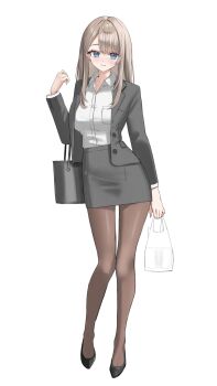 1girl arale_(ara1e) bag black_jacket black_pantyhose black_shoes black_skirt blonde_hair blue_eyes commentary full_body grey_bag highres holding holding_bag jacket long_hair looking_at_viewer original pantyhose pencil_skirt shirt shoes simple_background skirt solo standing white_background white_bag white_shirt