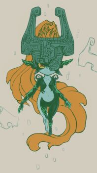 1girl arm_markings arm_tattoo bad_tag black_skin body_markings closed_eyes colored_sclera colored_skin floating_hair glowing glowing_markings glowing_tattoo grey_skin helmet imp leg_tattoo long_hair looking_at_viewer mi_(karintokinako) midna multicolored_skin navel nintendo one_eye_covered orange_hair ponytail red_eyes sketch solo tattoo the_legend_of_zelda the_legend_of_zelda:_twilight_princess two-tone_skin very_long_ears very_long_hair yellow_sclera