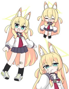 1girl :d ^_^ animal_ear_fluff animal_ears aqua_eyes bandaid bandaid_on_knee bandaid_on_leg black_choker black_sailor_collar black_skirt blue_archive blush blush_stickers chibi chibi_inset choker closed_eyes commentary_request cross-laced_clothes cross-laced_sleeves deformed facing_viewer fang fox_ears fox_girl full_body hair_between_eyes halo hand_up happy kurumi_(blue_archive) long_sleeves looking_at_viewer miniskirt miranofuudoria multiple_views neckerchief open_mouth outstretched_hand pleated_skirt red_neckerchief sailor_collar school_uniform serafuku shirt shoes sidelocks simple_background skirt sleeves_past_wrists smile smug sneakers triangle_halo two_side_up upper_body white_background white_shirt white_shoes yellow_halo