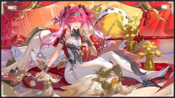 1girl armlet armor black_bow bodysuit boots bow breastplate breasts chinese_commentary collar commentary_request earrings gradient_hair hair_bow hand_up headgear high_heel_boots high_heels highres holding jewelry large_breasts looking_at_viewer lupa_(wuthering_waves) metal_collar multicolored_hair multiple_hair_bows one_eye_closed open_mouth partial_commentary pink_hair recording revision samo_(shichun_samo) sitting smile solo tacet_discord_(wuthering_waves) tail thigh_boots trophy twintails white_bodysuit white_boots wolf_tail wrist_guards wuthering_waves yellow_eyes