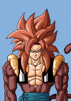 Rule 34 | 1boy, 5yj9qhslw5jg7mg, abs, biceps, blue eyes, blue sash, body fur, brown fur, dragon ball, dragon ball gt, gogeta, highres, long hair, looking at viewer, male focus, metamoran vest, monkey boy, monkey tail, muscular, muscular male, no nipples, pectorals, red hair, saiyan, sash, smile, solo, spiked hair, super saiyan, super saiyan 4, tail