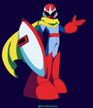 Rule 34 | 1boy, absurdres, blue background, blue eyes, break man, commentary, english commentary, full body, helmet, highres, holding, holding shield, male focus, mega man (classic), mega man (series), one-eyed, red helmet, retro fighting robot, scarf, shield, simple background, solo, yellow scarf