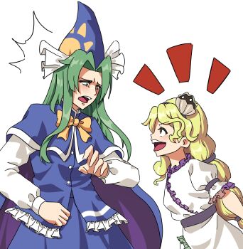2girls black_hairband blonde_hair blue_capelet blue_hat bow bowtie capelet clam clam_shell clam_shell_ornament dress fossilized_wonders frilled_sleeves frills green_eyes green_hair hair_ornament hairband hat highres long_hair long_sleeves mima_(touhou) multiple_girls open_mouth plaid_clothes plaid_vest praeto shell shell_hair_ornament skirt smile sun_print sun_symbol touhou touhou_(pc-98) vest watari_nina white_dress wizard_hat yellow_bow yellow_bowtie yellow_eyes