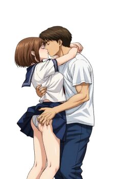 1boy 1girl arms_around_neck closed_eyes clothes_lift fujiwara_takumi grabbing_another&#039;s_ass groping highschool_uniform initial_d kiss mogi_natsuki mouth_to_mouth panties pants shin_gekijouban_initial_d shirt simple_background skirt skirt_lift underwear white_background white_panties white_shirt