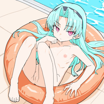 1girl aqua_hair barefoot commentary_request completely_nude expressionless flat_chest hair_spread_out innertube loli long_hair looking_at_viewer lying matuo3232 nipples nude on_back pink_eyes poolside pussy rance_(series) sengoku_rance shinobu_(rance) solo swim_ring water