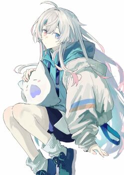 Rule 34 | 1girl, absurdres, ahoge, blue eyes, blue hoodie, blue shoes, character request, closed mouth, commentary request, copyright request, dot mouth, dot nose, double-parted bangs, foot out of frame, grey hair, heterochromia, highres, hood, hood down, hoodie, jacket, long hair, long sleeves, looking at viewer, open clothes, open jacket, red eyes, shoes, simple background, sini user, socks, solo, white background, white jacket, white socks