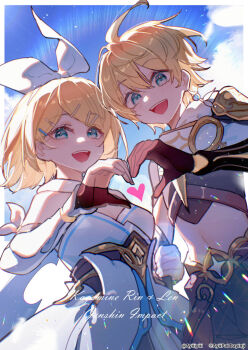 1boy 1girl aether_(genshin_impact) aether_(genshin_impact)_(cosplay) aqua_eyes ayiiiyiii black_gloves blonde_hair breasts brown_gloves brown_pants brown_shirt cosplay crop_top dress earrings fingerless_gloves genshin_impact gloves hair_between_eyes hair_ornament hair_ribbon hairclip heart heart_hands highres jewelry kagamine_len kagamine_rin lumine_(genshin_impact) lumine_(genshin_impact)_(cosplay) midriff navel open_mouth pants ribbon shirt short_hair vocaloid white_dress white_ribbon