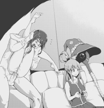 1boy 2girls :d aqua_(konosuba) blush controller couch dress dualshock flying_sweatdrops folded full_nelson game_controller gamepad greyscale hair_ornament hair_rings hat hetero holding holding_controller holding_game_controller indoors kono_subarashii_sekai_ni_shukufuku_wo! long_hair long_sleeves megumin meme monochrome multiple_girls oblivious_woman_in_glasses_playing_video_games_(meme) open_mouth pantyhose parody penis pillow playing_games playstation_controller pussy pussy_juice reverse_suspended_congress sex sex_from_behind short_hair sitting smile sphere_hair_ornament staff stealth_sex tyrone uncensored unworn_headwear vaginal witch_hat