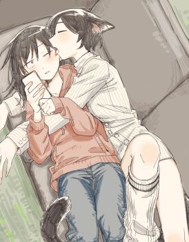 2girls animal_ears black_hair black_tail blue_pants blush casual cat_ears cat_girl cat_tail cellphone closed_eyes commentary couch denim dress_shirt from_above futsuu_no_keion-bu hatono_chihiro highres holding holding_phone hood hoodie hug jeans kemonomimi_mode kouyama_rin licking licking_another&#039;s_face long_sleeves loose_socks lying medium_hair multiple_girls official_alternate_costume on_back on_couch on_side one_eye_closed pants parted_lips phone red_hoodie rra_(yj) shirt short_hair small_pupils smartphone socks striped_clothes striped_shirt symbol-only_commentary tail vertical-striped_clothes vertical-striped_shirt white_shirt white_socks yuri