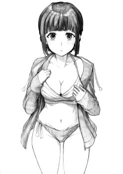 1girl absurdres bikini bikini_under_clothes blunt_bangs breasts cleavage commentary_request cowboy_shot greyscale highres jacket kantai_collection medium_breasts monochrome myoukou_(kancolle) open_clothes open_jacket short_hair side-tie_bikini_bottom solo swimsuit tsuji_kazuho