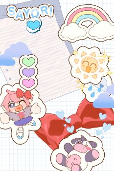 Rule 34 | 0tamt0, 1girl, absurdres, blue eyes, bow, bright pupils, character name, chibi, chibi only, commentary request, doki doki literature club, doki doki literature club school uniform, grey jacket, hair bow, heart, highres, jacket, lined paper, long sleeves, neck ribbon, one eye closed, open clothes, open jacket, open mouth, paper, pink hair, rainbow, raincloud, red bow, red ribbon, ribbon, sayori (doki doki literature club), school uniform, shoes, short hair, smile, solo, sparkle, speech bubble, stuffed animal, stuffed cow, stuffed toy, sun symbol, white pupils, white shoes