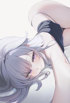 1girl absurdres bed_sheet black_camisole black_panties camisole closed_mouth commentary english_commentary grey_hair hair_flaps highres hololive hololive_english jewel_under_eye koahri koseki_bijou long_hair looking_at_viewer lying no_pants panties purple_eyes reaching reaching_towards_viewer simple_background smile solo string_panties underwear virtual_youtuber white_background